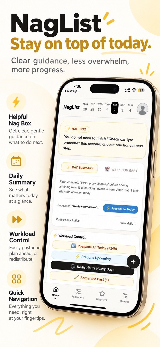Published NagList iPhone screenshot showing the Home overview and reminders