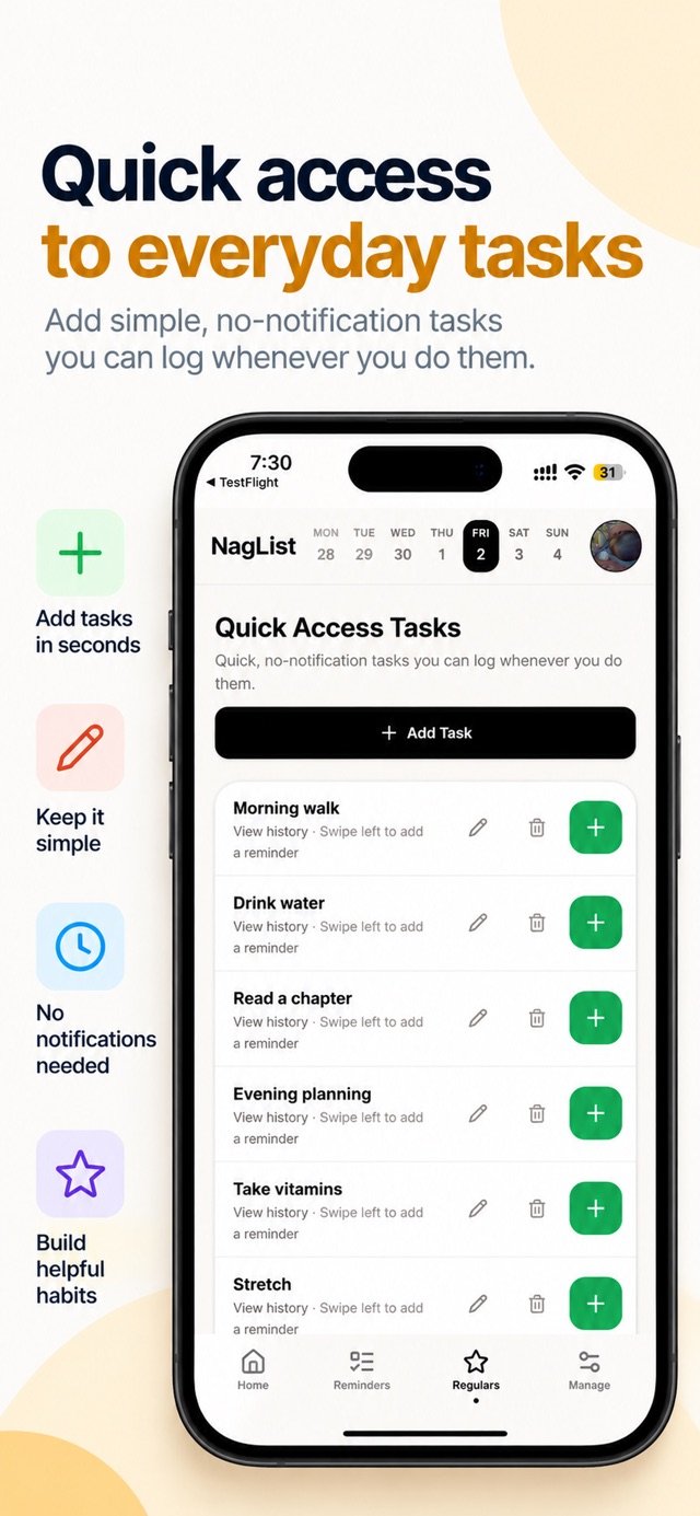 Published NagList iPhone screenshot showing the app's recurring routines