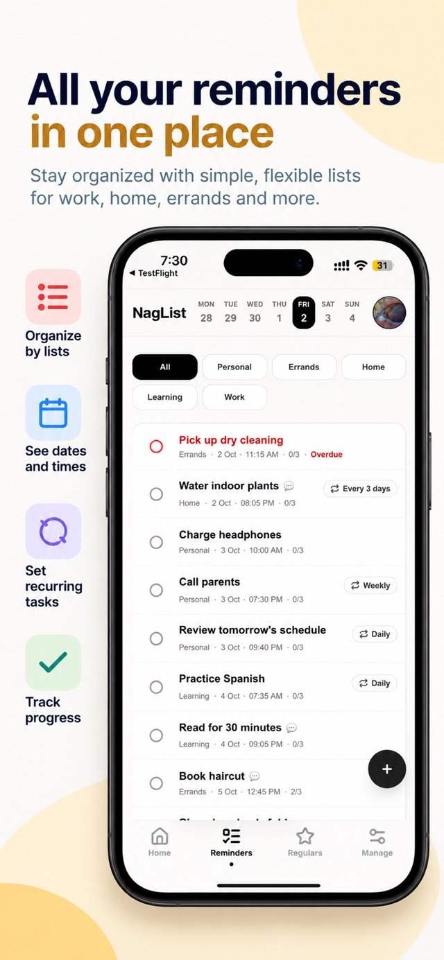 Published NagList iPhone screenshot showing reminders and Lists